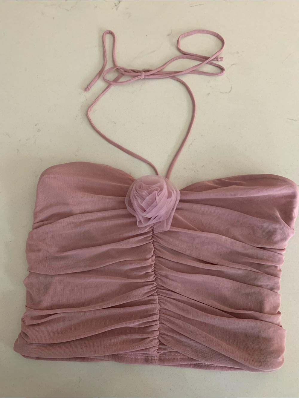 Just Polly Pink Ruched Halter Crop Top with Rosette S NWOT